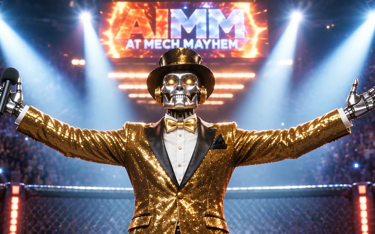 Max Torque, the AI Mech Mayhem announcer, in a gold suit and top hat in the cage