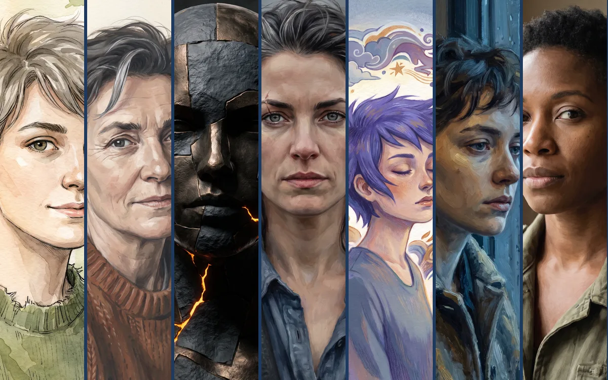 Portraits of the seven AI characters, each generated from its own description